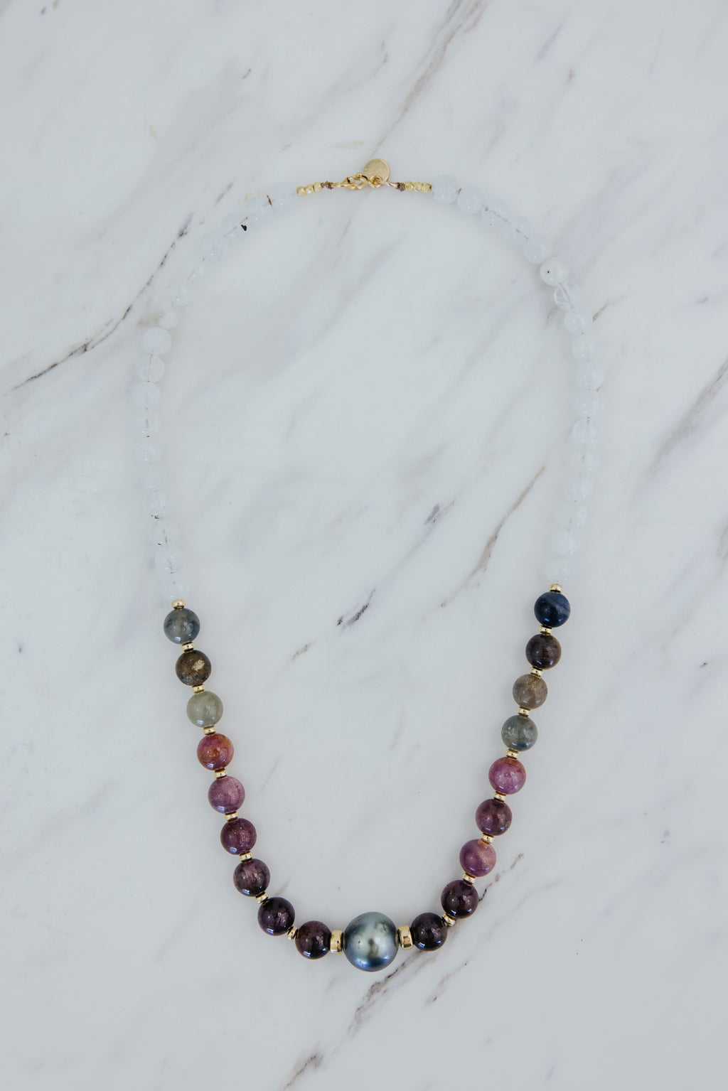 Wings Hawaii Luxe Beaded Necklace with moonstones, sapphires, and a Tahitian pearl in 14k gold-filled. Fine jewelry handmade in Maui. 