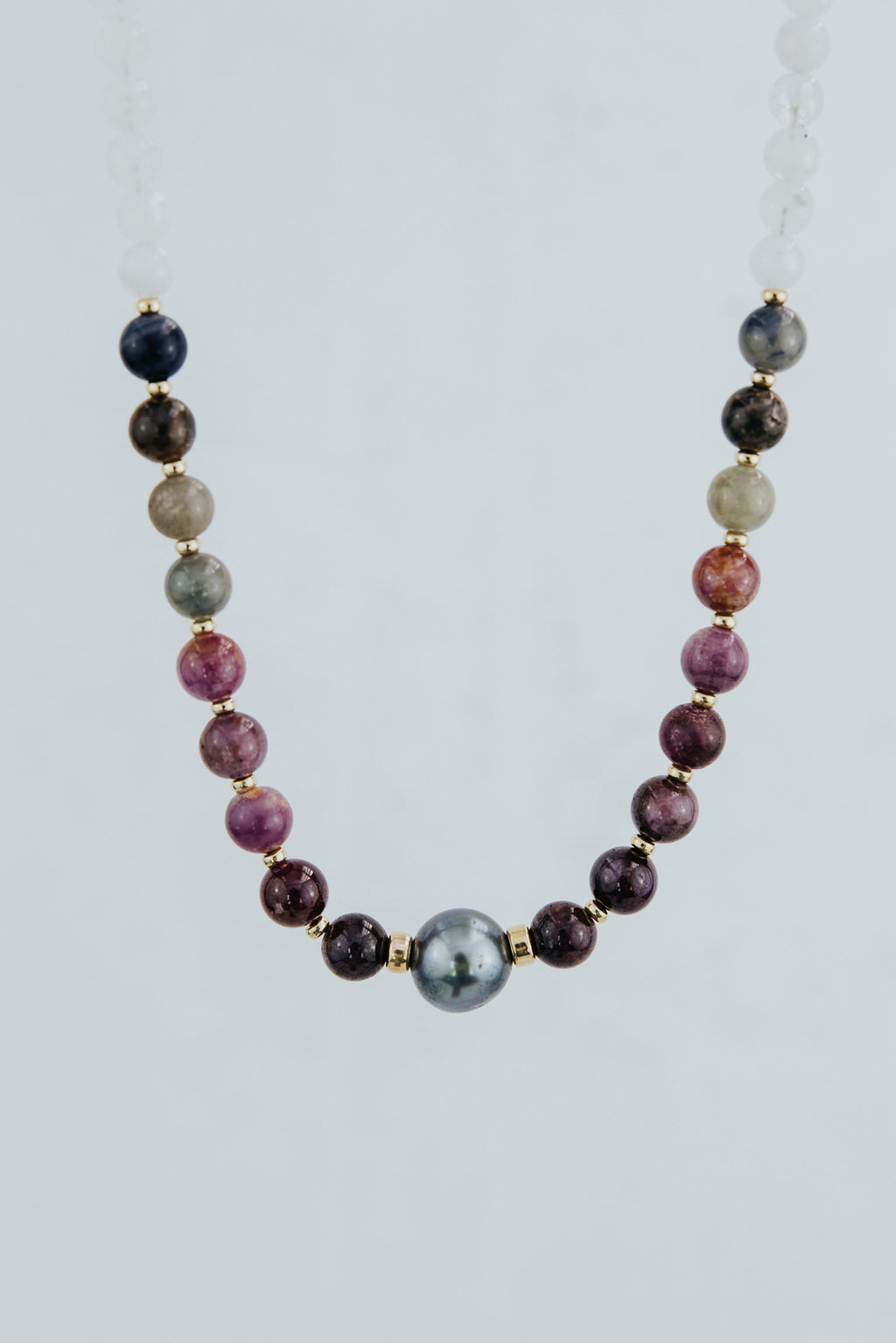 Wings Hawaii Luxe Beaded Necklace with moonstones, sapphires, and a Tahitian pearl in 14k gold-filled. Fine jewelry handmade in Maui. 