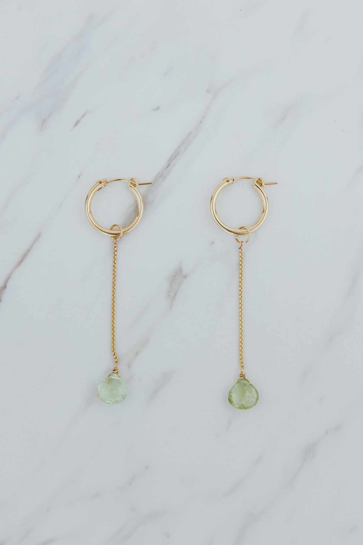 Wings Hawaii drop chain green  tourmaline gemstone earring charms in 14k gold-filled. Fine jewelry handcrafted in Maui. Mix, match, layer, customize with our Charm Bar Collection. Modern, beachy, boho chic jewelry made in Hawaii. Add to hoop earrings, sold separately. 