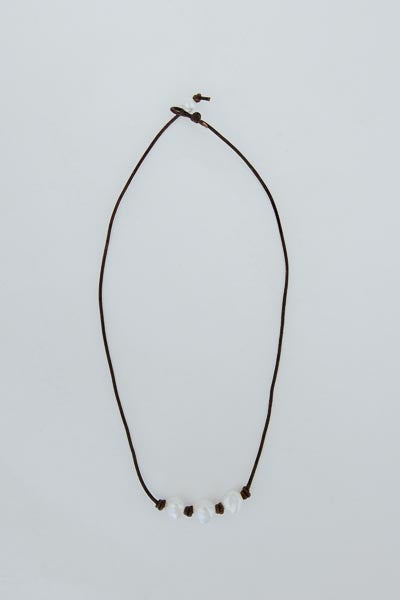 Triple Button Pearl Leather Necklace