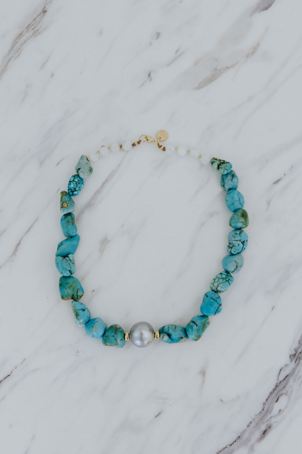 Wings Hawaii Chunky Turquoise Choker necklace with vintage turquoise beads, moonstones, and 14k gold-filled spacers. Fine jewelry handcrafted with aloha in Maui. 