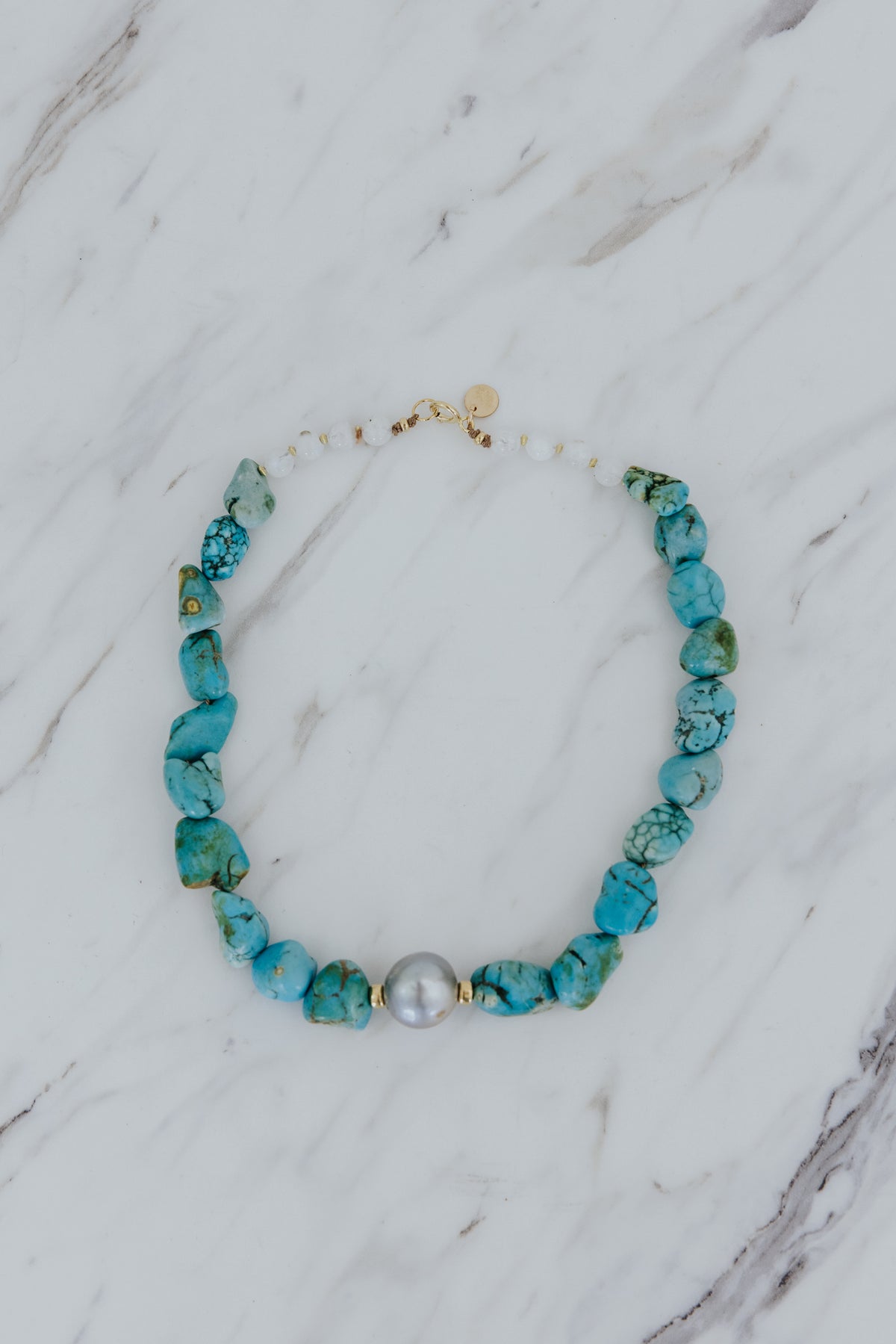 Wings Hawaii Chunky Turquoise Choker necklace with vintage turquoise beads, moonstones, and 14k gold-filled spacers. Fine jewelry handcrafted with aloha in Maui. 