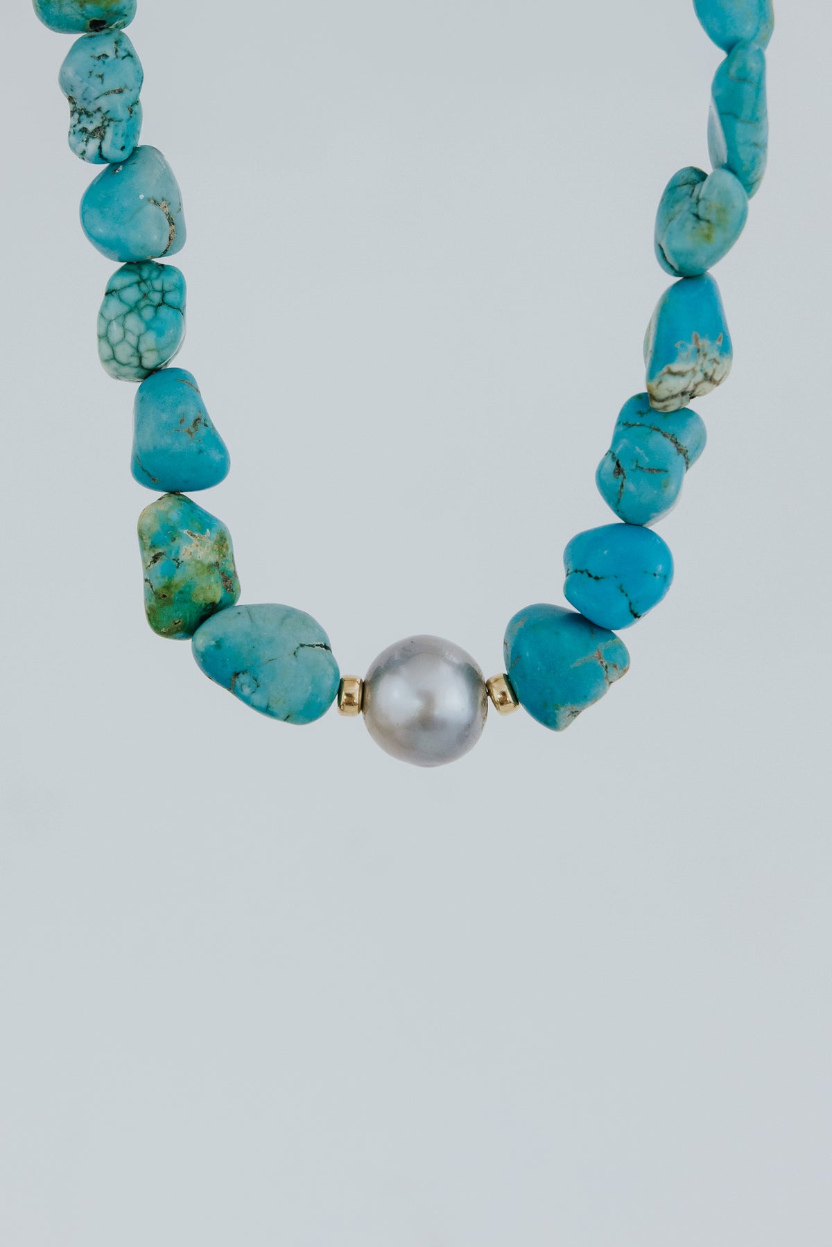 Wings Hawaii Chunky Turquoise Choker necklace with vintage turquoise beads, moonstones, and 14k gold-filled spacers. Fine jewelry handcrafted with aloha in Maui. 
