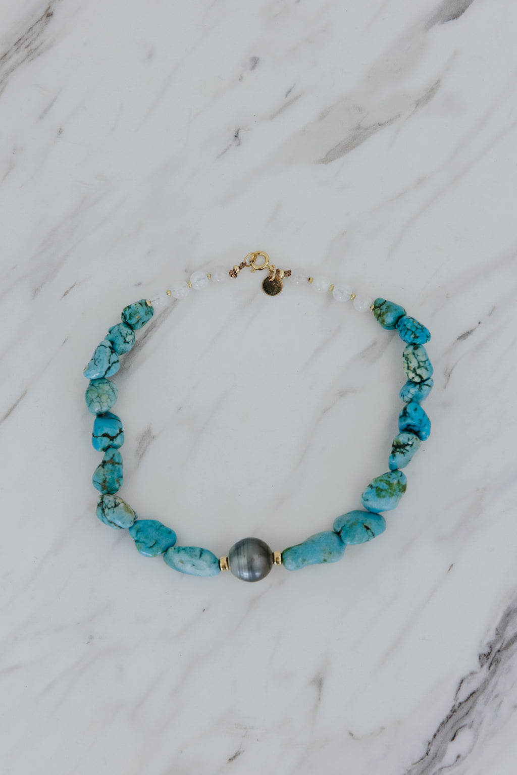 Wings Hawaii Chunky Turquoise Choker necklace with vintage turquoise beads, moonstones, and 14k gold-filled spacers. Fine jewelry handcrafted with aloha in Maui. 