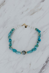 Wings Hawaii Chunky Turquoise Choker necklace with vintage turquoise beads, moonstones, and 14k gold-filled spacers. Fine jewelry handcrafted with aloha in Maui.  thumbnail