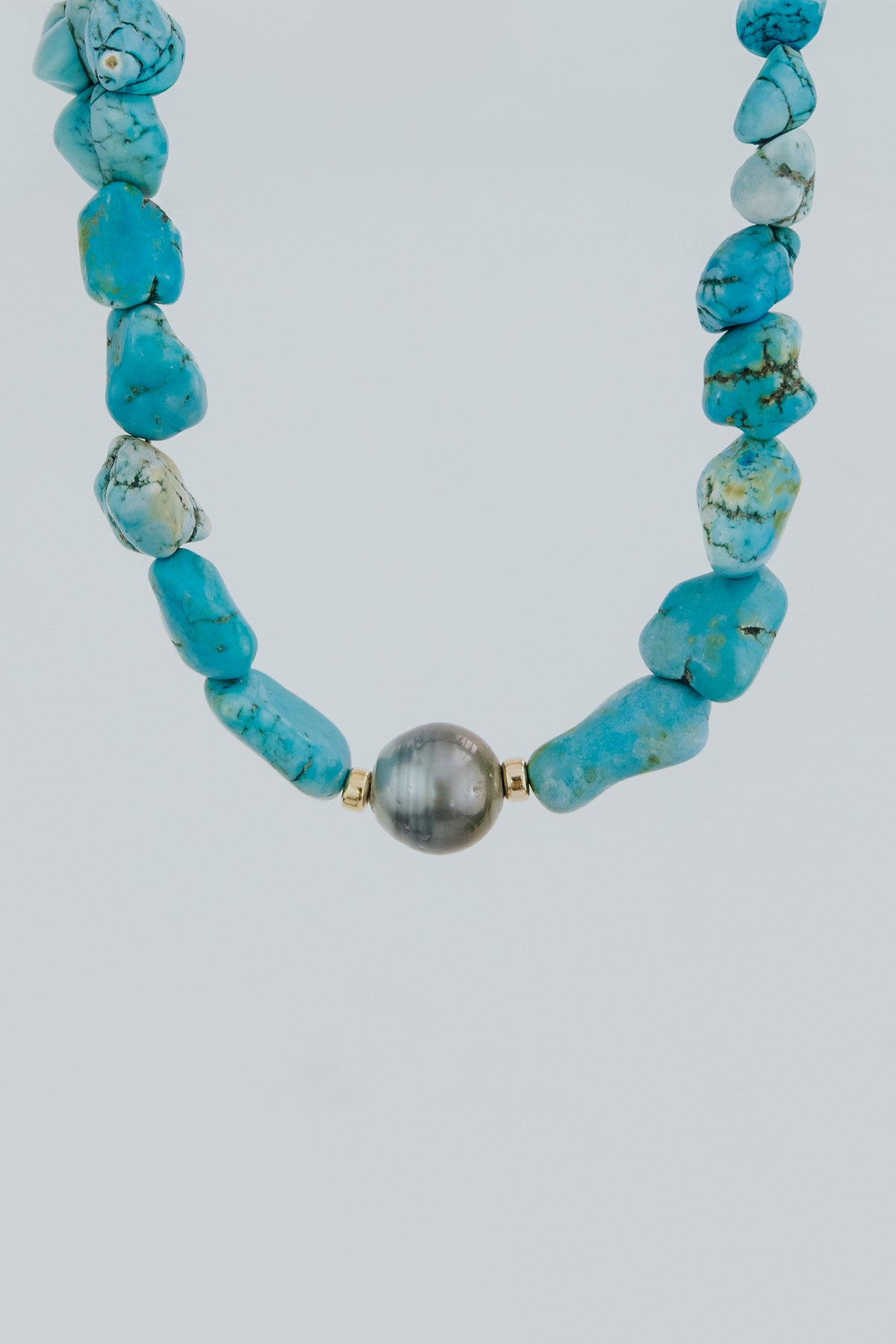 Wings Hawaii Chunky Turquoise Choker necklace with vintage turquoise beads, moonstones, and 14k gold-filled spacers. Fine jewelry handcrafted with aloha in Maui. 