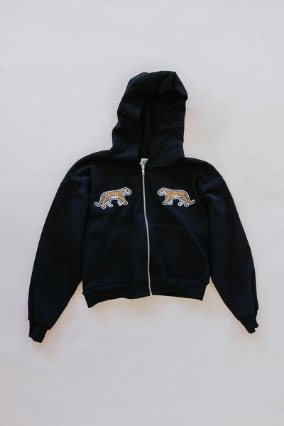 Cropped Tiger Zip Hoodie - Black