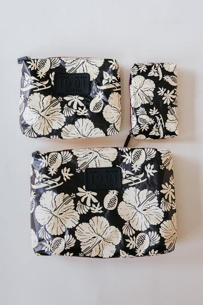 wings hawaii tyvek adventure pouches in black + tan aloha print 