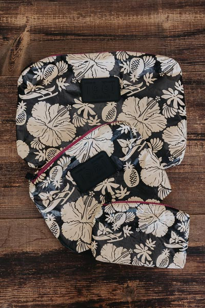 wings hawaii tyvek adventure pouches in black + tan aloha print 