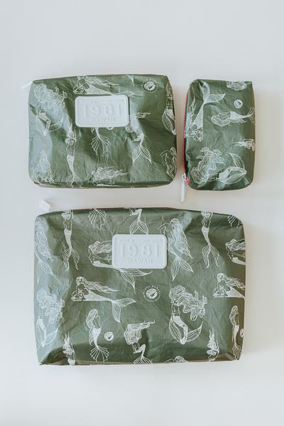 Wings Hawaii tyvek adventure pouches in mermaid party print in olive green 