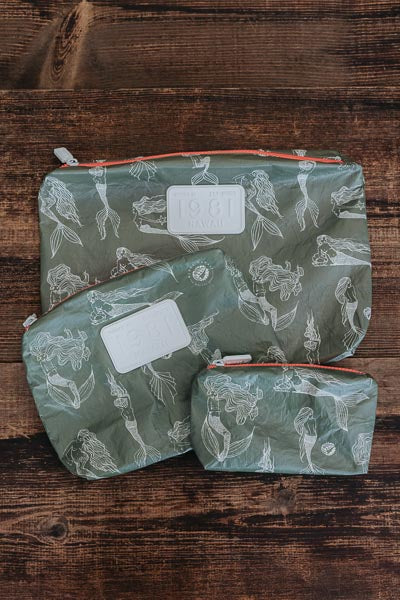 Wings Hawaii tyvek adventure pouches in mermaid party print in olive green 