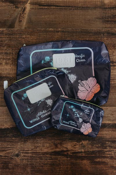 Wings Hawaii Tyvek adventure pouches in retro vintage Hawaiian island chain map print 