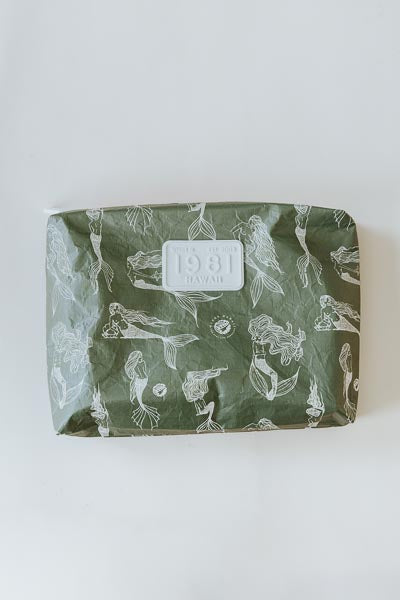 Wings Hawaii tyvek adventure pouches in mermaid party print in olive green 