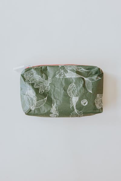 Wings Hawaii tyvek adventure pouches in mermaid party print in olive green 
