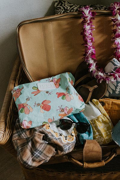 Wings Hawaii foldable Tyvek adventure tote in kokio hibiscus print 