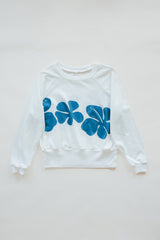 Wings Hawaii women's Hibiscus Raglan sweatshirt. White with blue vintage tropical floral print. Designed in Maui, made in Bali. Small batch, sustainable, eco-conscious clothing.  thumbnail
