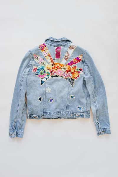 wings hawaii sun and moon collage upcycled denim jacket
