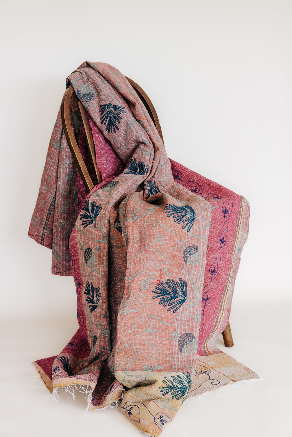 Wings Hawaii vintage Suzani Kantha Blanket. One of a kind, unique, upcycled made from vintage sarees. Sustainable home decor from Maui. 