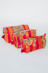 Wings Hawaii vintage kantha toiletry pouches in three sizes. Tiger print on red/orange stripes. Stash your cosmetics and trinkets in these chic travel-sized pouches. They make great gifts too.  thumbnail