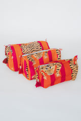 Wings Hawaii vintage kantha toiletry pouches in three sizes. Tiger print on red/orange stripes. Stash your cosmetics and trinkets in these chic travel-sized pouches. They make great gifts too. 