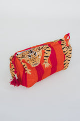 Wings Hawaii vintage kantha toiletry pouches in three sizes. Tiger print on red/orange stripes. Stash your cosmetics and trinkets in these chic travel-sized pouches. They make great gifts too.  thumbnail
