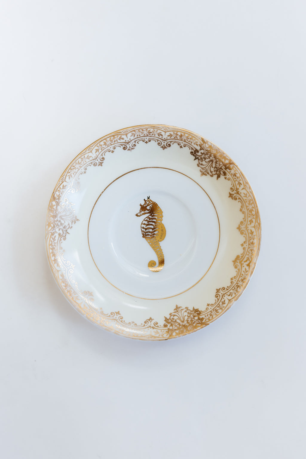Wings Hawaii upcycled vintage soup bowl and saucer set. Adorned with devilish mermaid and seahorse original artwork. One of a kind dishware handmade in Maui. 