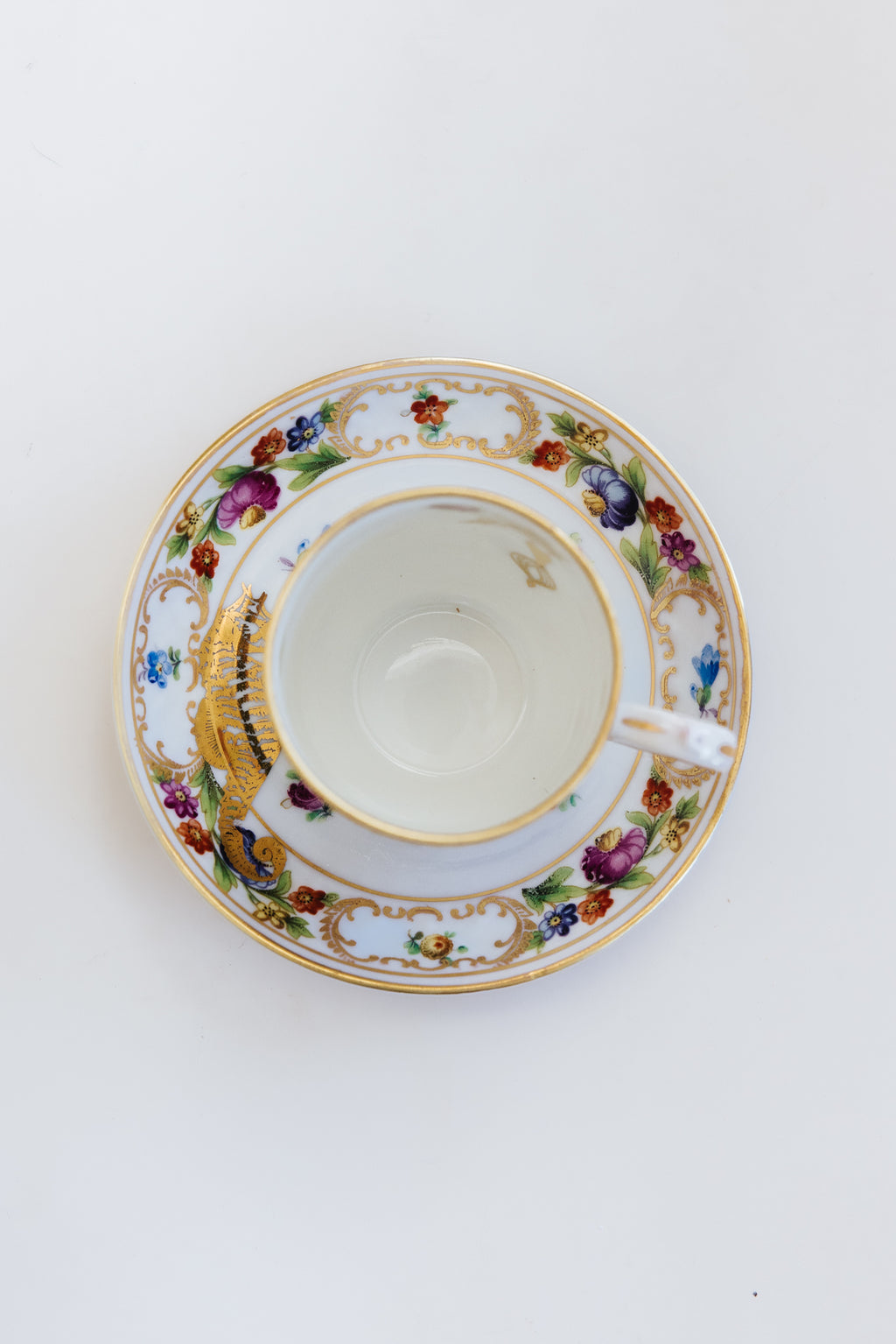 Wings Hawaii vintage tea cup and dish set for 2, upcycled with original mermaid and seahorse artwork. One of a kind dishware handmade in Maui. Unique tea party gifts. 