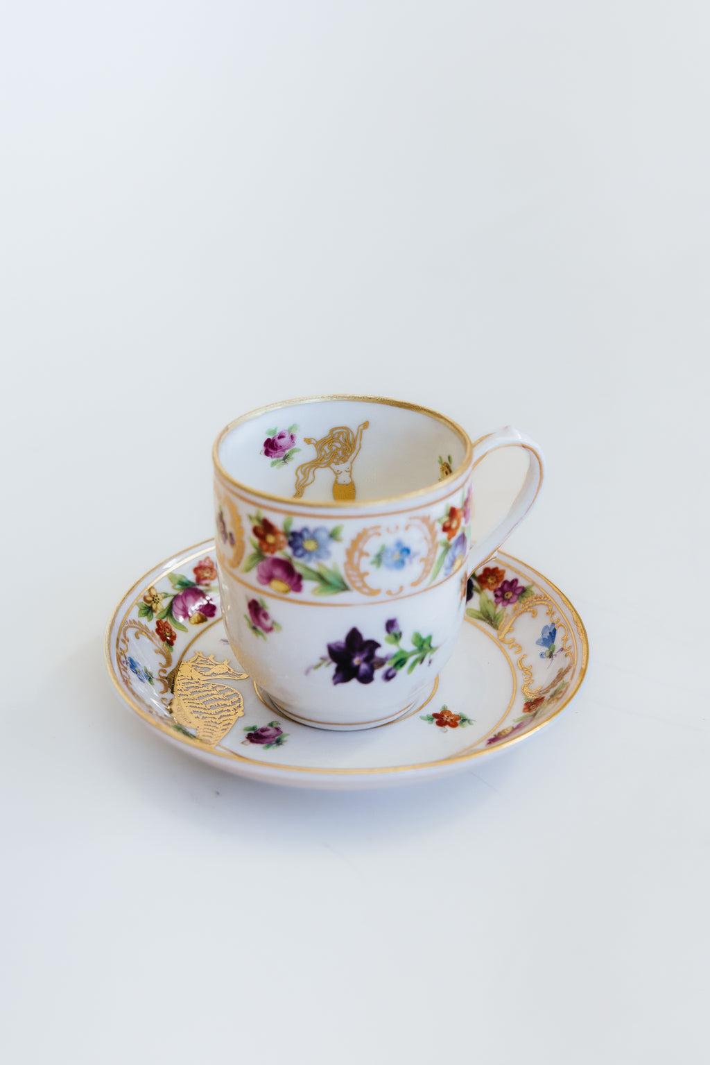 Wings Hawaii vintage tea cup and dish set for 2, upcycled with original mermaid and seahorse artwork. One of a kind dishware handmade in Maui. Unique tea party gifts. 