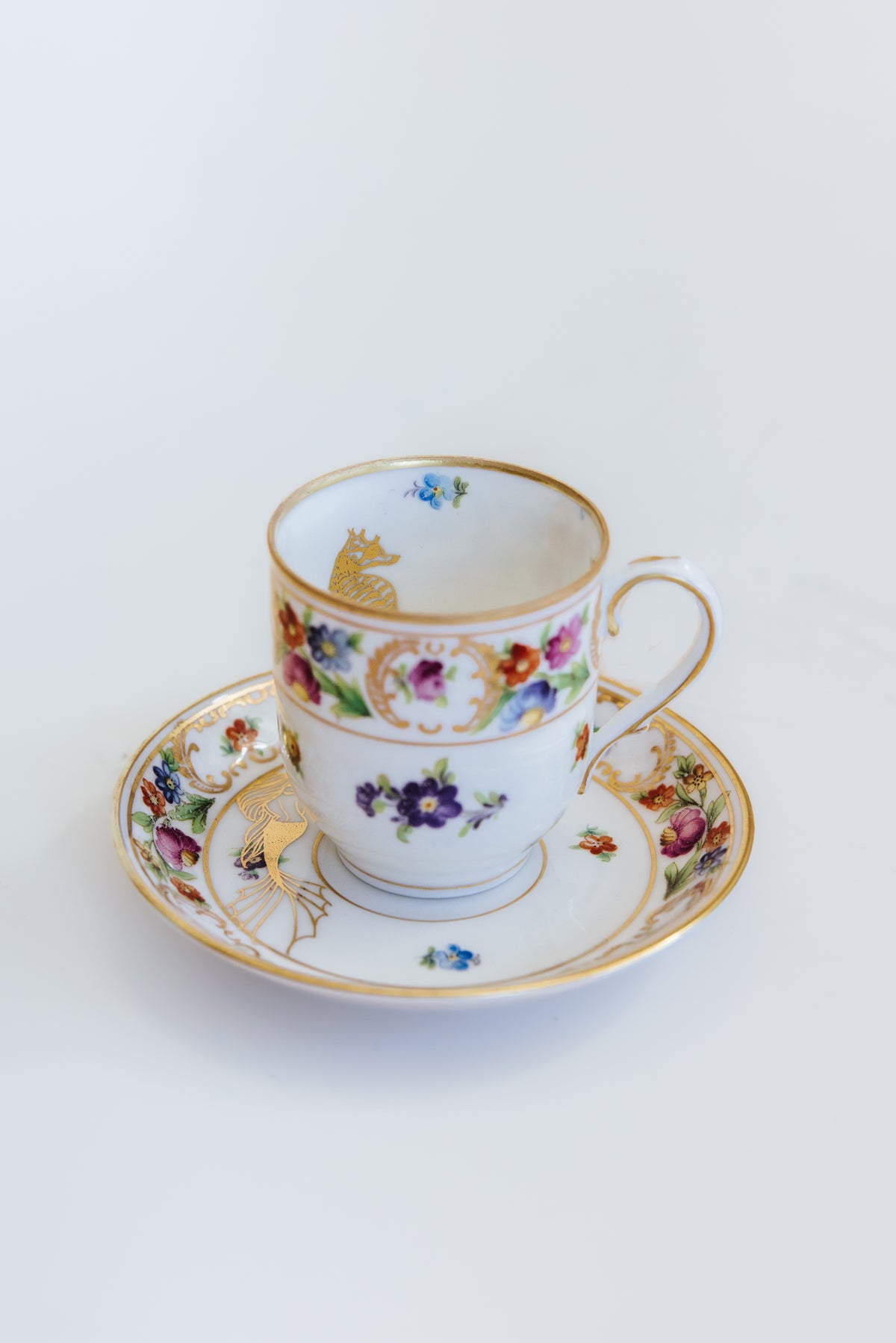 Wings Hawaii vintage tea cup and dish set for 2, upcycled with original mermaid and seahorse artwork. One of a kind dishware handmade in Maui. Unique tea party gifts. 