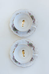 Wings Hawaii vintage tea cup and dish set for 2, upcycled with original mermaid and seahorse artwork. One of a kind dishware handmade in Maui. Unique tea party gifts.  thumbnail