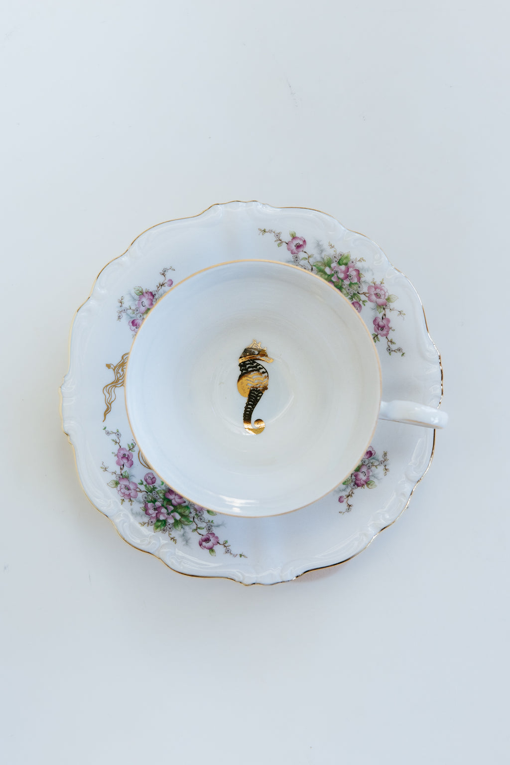 Wings Hawaii vintage tea cup and dish set for 2, upcycled with original mermaid and seahorse artwork. One of a kind dishware handmade in Maui. Unique tea party gifts. 