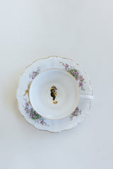 Wings Hawaii vintage tea cup and dish set for 2, upcycled with original mermaid and seahorse artwork. One of a kind dishware handmade in Maui. Unique tea party gifts.  thumbnail