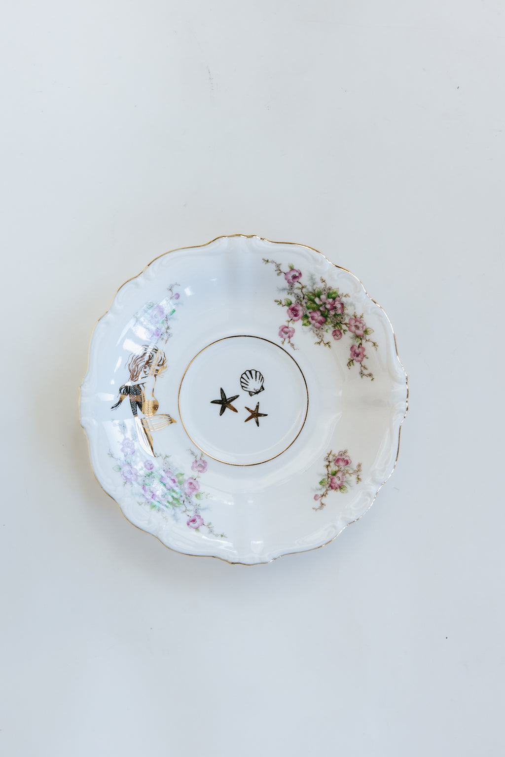 Wings Hawaii vintage tea cup and dish set for 2, upcycled with original mermaid and seahorse artwork. One of a kind dishware handmade in Maui. Unique tea party gifts. 