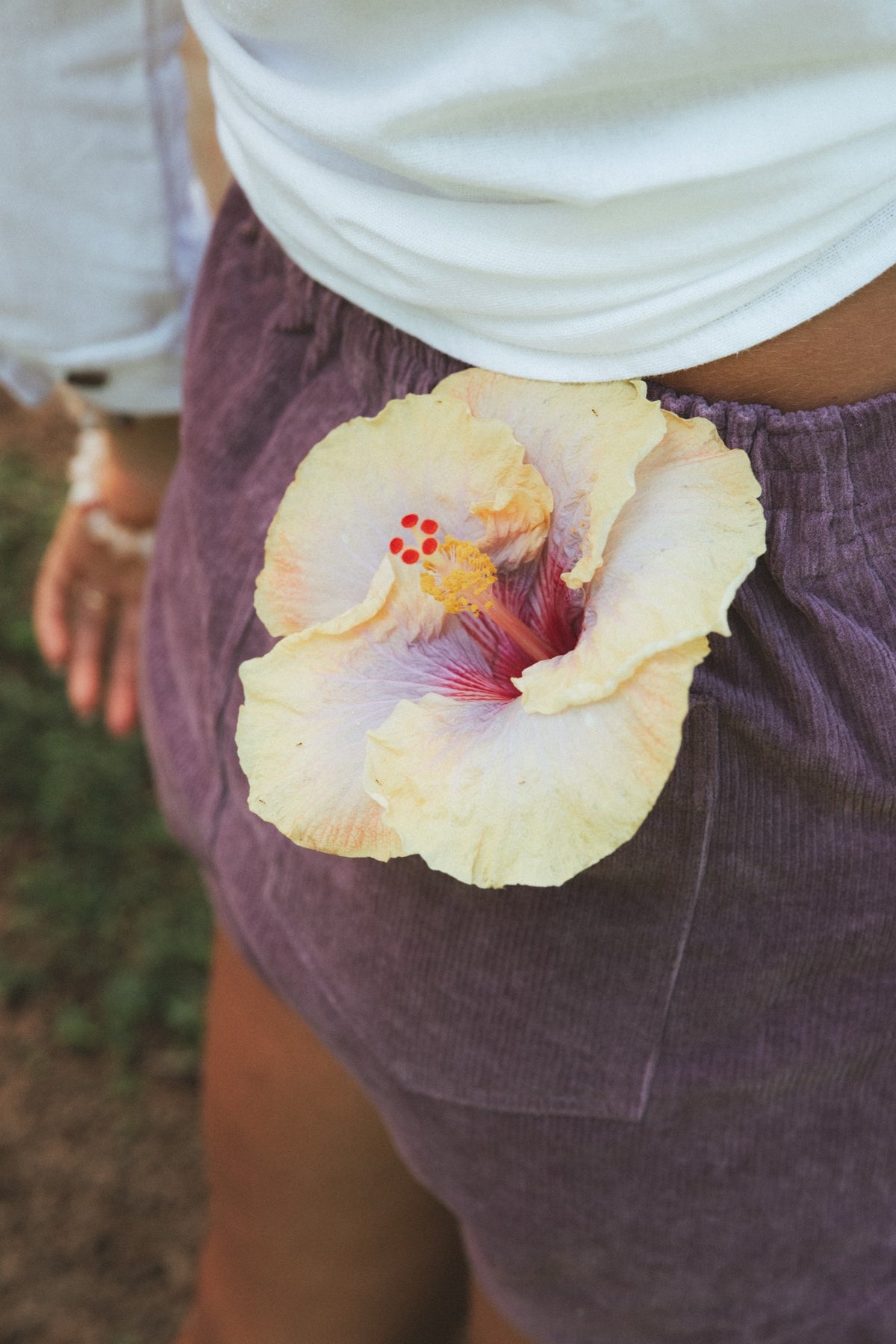 Hibiscus in the pocket of purple corduroy shorts