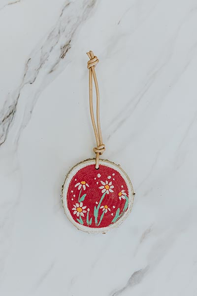 Wings Hawaii birch wood ornaments with hand-painted flowers, red background, leather loop 