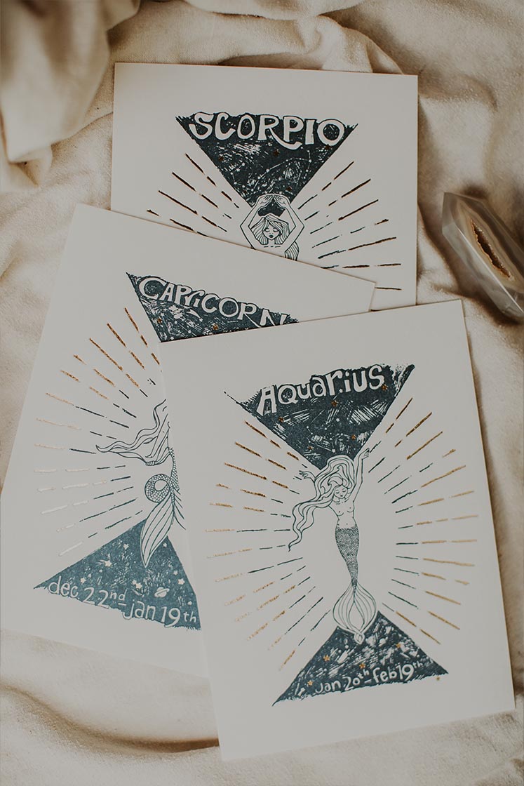 Wings Hawaii zodiac letterpress prints 