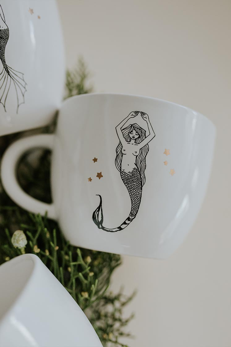 scorpio mermaid zodiac ceramic mug black and white wings hawaii