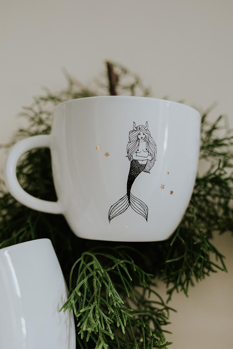 taurus mermaid zodiac ceramic mug black and white wings hawaii