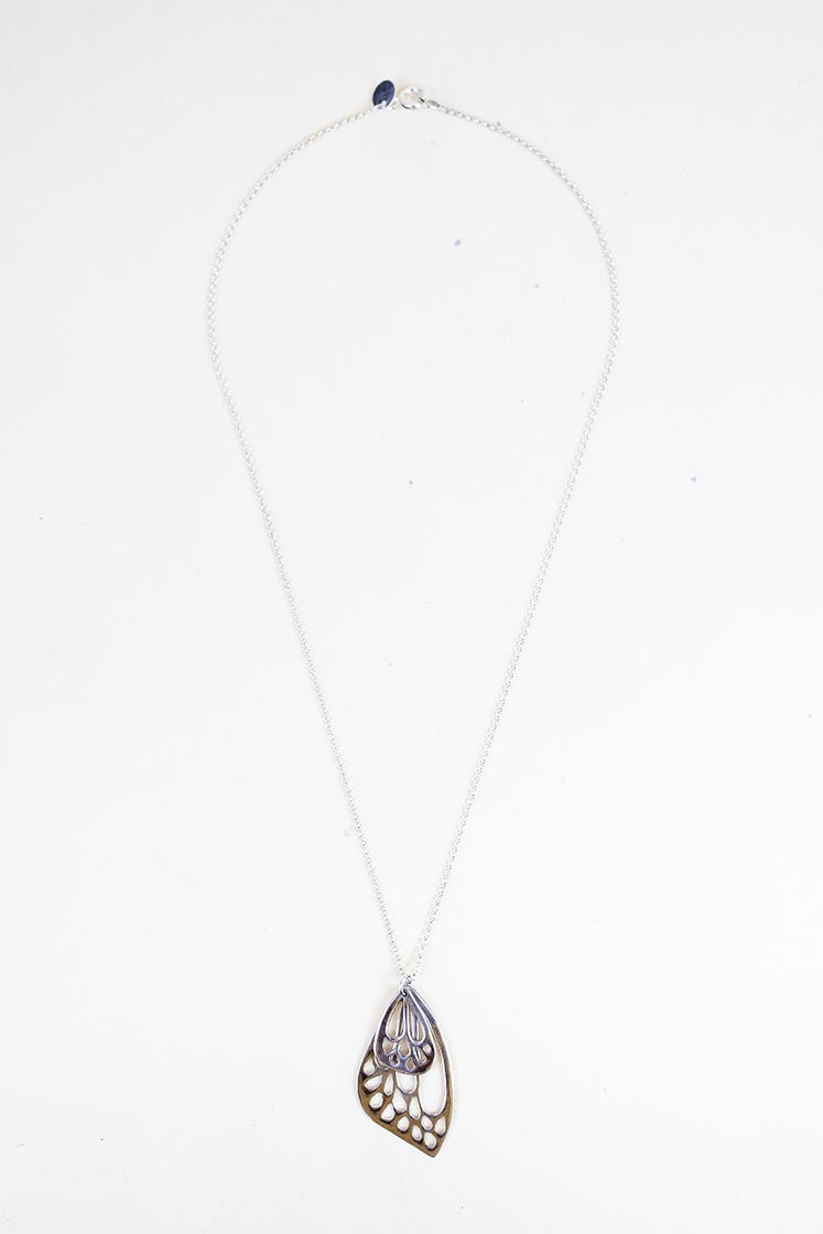 small and large butterfly wing made of sterling silver hanging on silver chain necklace
