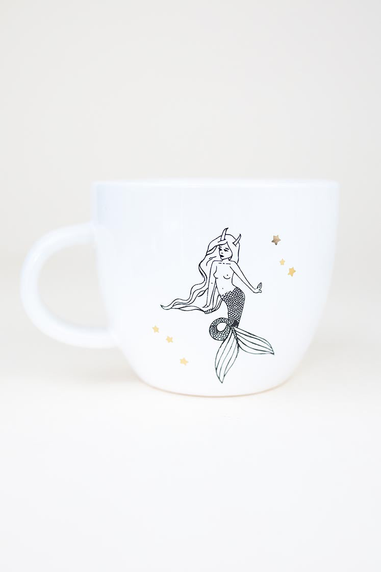 capricorn mermaid zodiac ceramic mug black and white wings hawaii