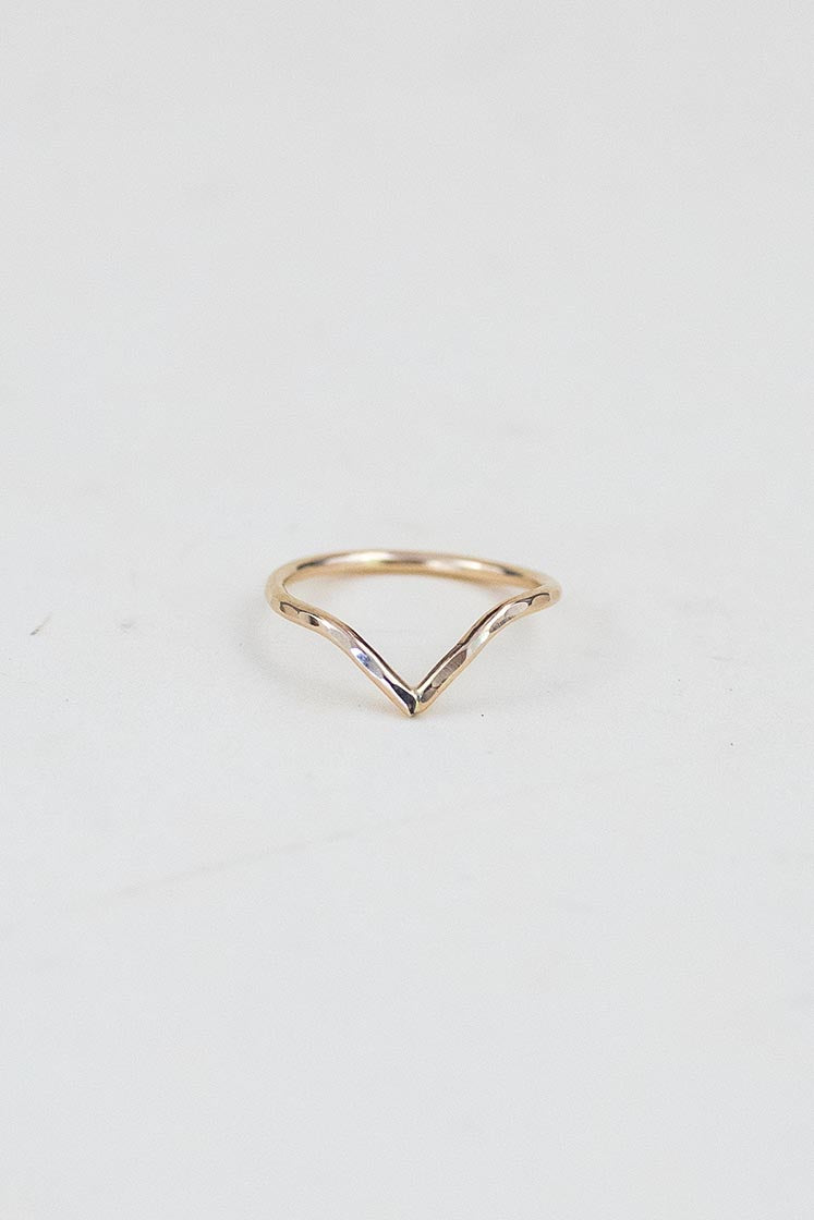 Wings Hawaii Boomerang Ring in 14k gold-filled. Chevron shaped ring with organic hammered texture. Fine jewelry handmade in Maui. 