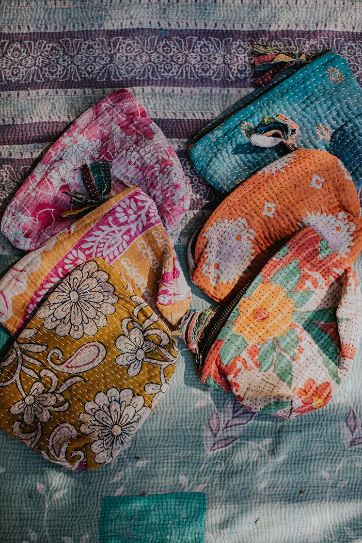 Purse Pouch with Zipper made out of vintage Kantha Blanket