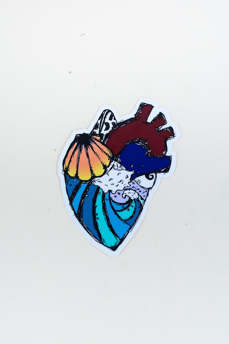 Wings Hawaii Ocean Heart sticker colorful heart sticker with sunrise shell and ocean wave hand drawn maui hawaii artist