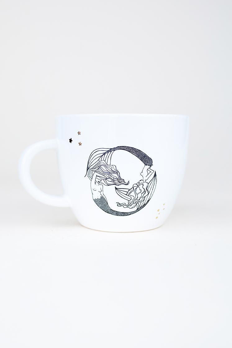 pisces mermaid zodiac ceramic mug black and white wings hawaii