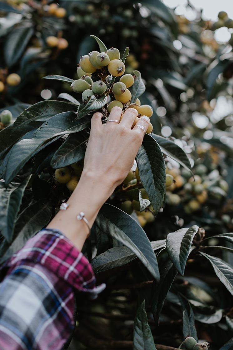 model hand wearing rings and a herkimer cuff bracelet on her arm while reaching for fruit on a tree