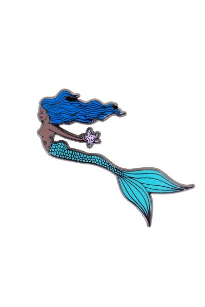 enameled pin of a mermaid holding a starfish