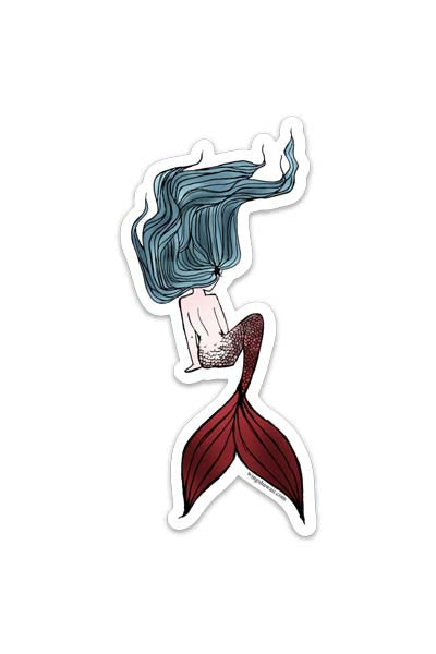 Wings Hawaii sitting mermaid sticker with blue hair and red tail
