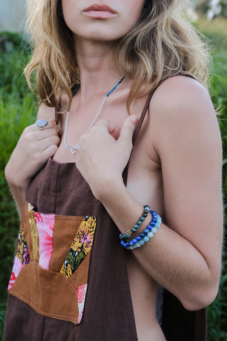 Wings Hawaii stretchy bracelets with 14k gold-filled tag. Boho-chic jewelry hand made in Maui. 