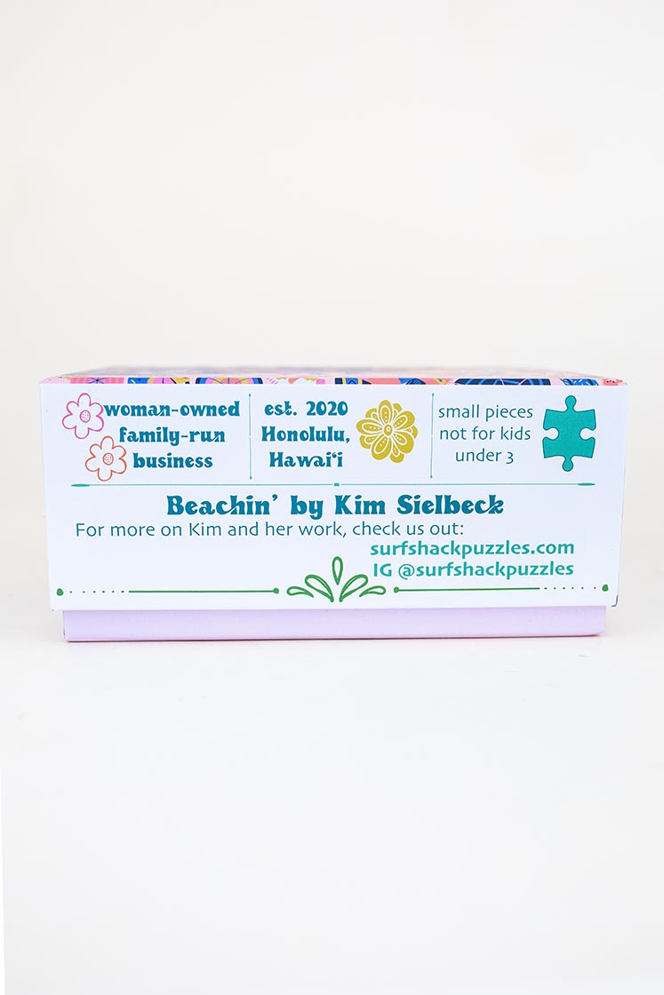 surf shack puzzle A super fun puzzle made of premium 100% recycled Eska board. Printed with non-toxic inks and a matte finish. Art by illustrator Kim Sielbeck based in Hawai'i. 